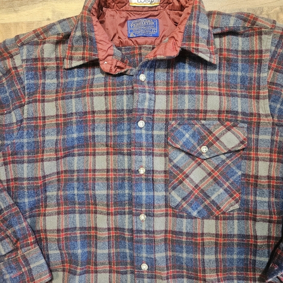 Vintage Pendleton LOBO 100% Wool Plaid Flannel Shirt Blue Brown Padded Elbows L - Picture 2 of 10